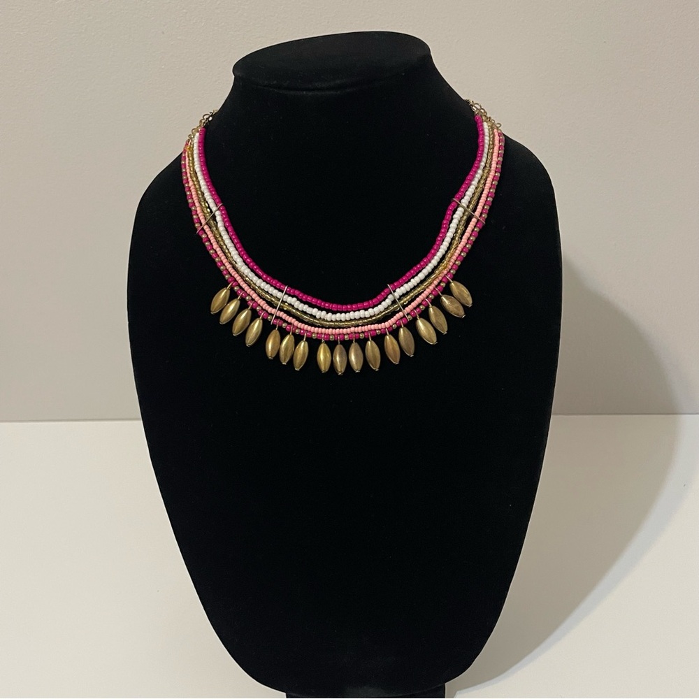 Icing Womens Boho Beaded Necklace Chic Multi Strand Layered Seed Beads Gold Pink